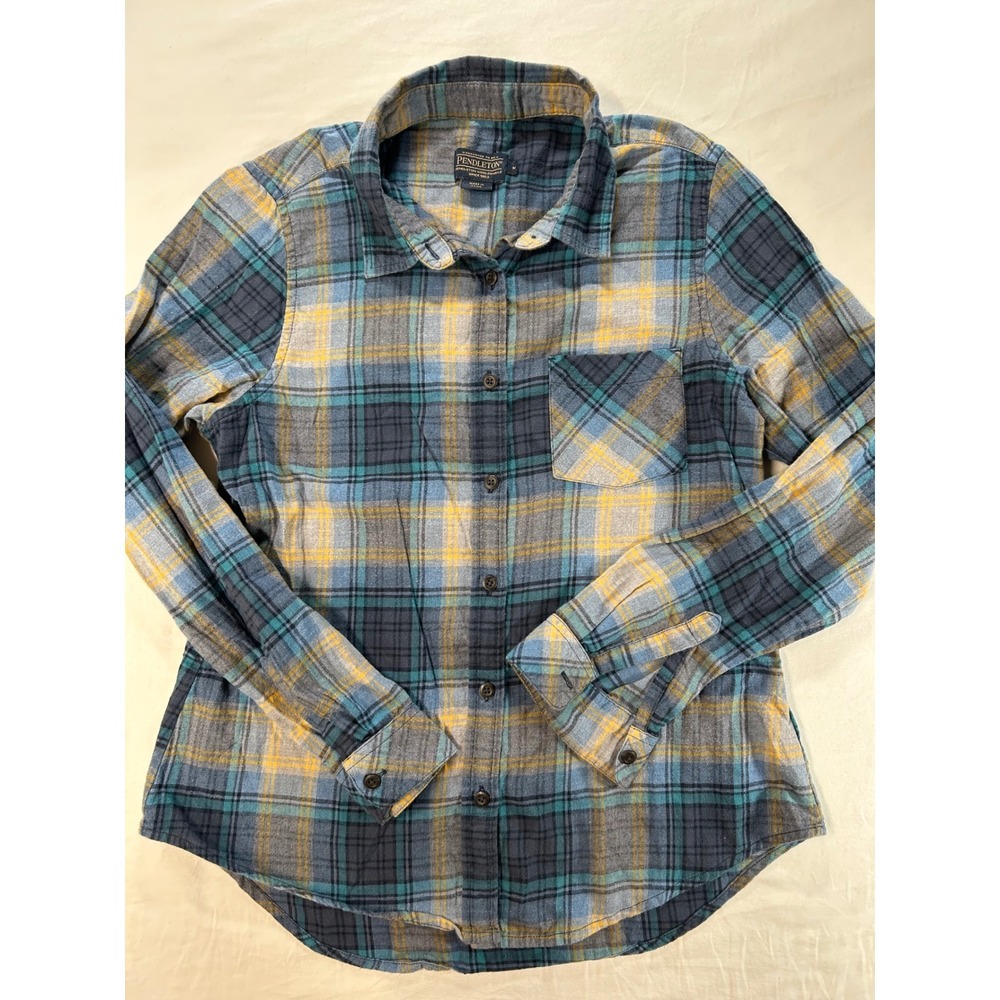 Pendleton Womens Blue Yellow Plaid Flannel Button Down Shirt Size M Pocket Long